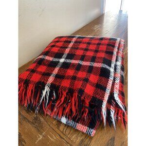 Vintage Red & Black Plaid Wool Throw Blanket With Fringe Edges